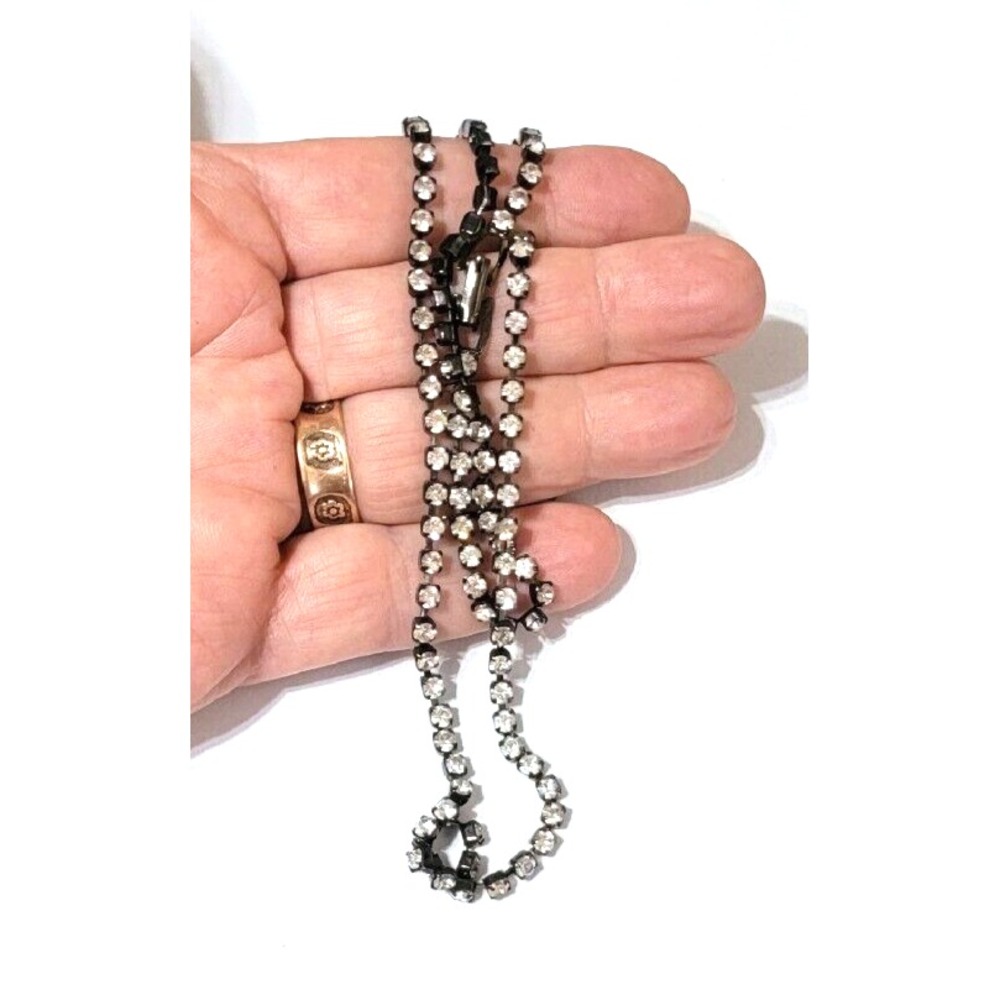 Vintage Clear Rhinestone & Black Link Long Necklace, Layering 30.5" Glass Chain